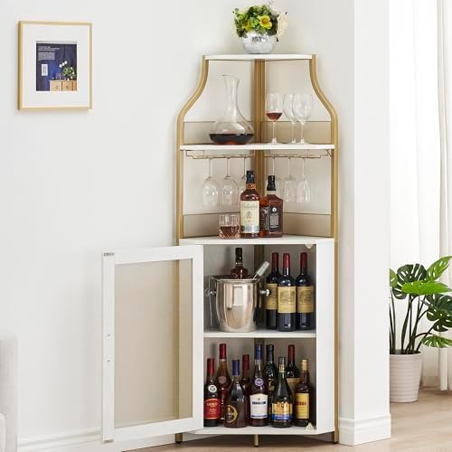 GAOMON Corner Bar Storage Cabinet, 5-Tier Farmhouse Liquor Cabinet with Glass Holder Wine Cabinet with Barn Door & Adjustable Shelf, Home Bar Storage for Home,Dining Room, Kitchen, Gold