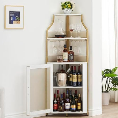 GAOMON Corner Bar Storage Cabinet, 5-Tier Farmhouse Liquor Cabinet with Glass Holder Wine Cabinet with Barn Door & Adjustable Shelf, Home Bar Storage for Home,Dining Room, Kitchen, Gold