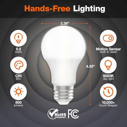 Sylvania A19 Dusk to Dawn LED Light Bulb with Motion Sensor, 8.5W = 60W, Frosted Finish, 90 CRI, Security/Safety Bulb, Damp-Rated, 5000K, Daylight - 2 Pack (42711)