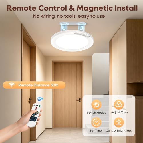 Rechargeable Motion Sensor Ceiling Light, 8000mAh Battery Operated Ceiling Lights with Remote, Magnetic Wireless Closet Light, 3 Color Dimmable LED Shower Lights for Closet Pantry Shed Hallway Patio