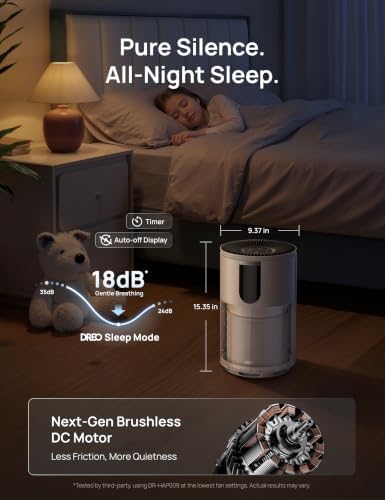 DREO Air Purifiers for Home, 539 Series HEPA Air Cleaner Up to 1176 Sq. Ft, PM2.5 Air Quality Sensor, Quiet, Auto/Turbo/Sleep Modes for Bedroom, DR-HAP009 (Snow White)
