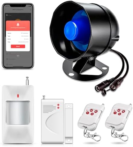WiFi Security Alarm System Kit-Wireless 120db Loud Weatherproof Siren Horn with Remote Control& Door Contact Sensor&Motion Sensor Alarm Home Hotel Garage Shop Burglar Alarm System