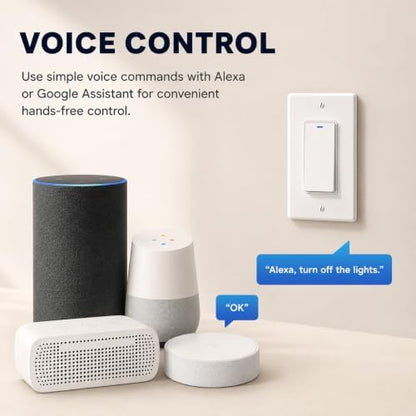 Smart Switch for Light 1 Gang, Neutral Wire Required, 2.4GHz Wi-Fi Switch Compatible with Alexa and Google Home, UL Certified