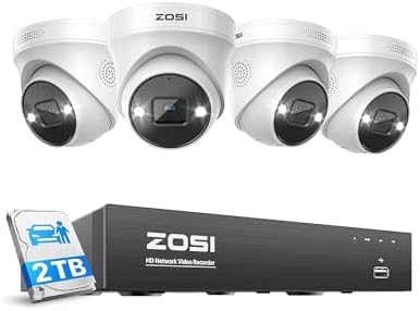 ZOSI 8CH 4K PoE Security Camera System, 2TB Hard Drive, Person Vehicle Detection,4pcs 4K Indoor Outdoor PoE IP Dome Cameras with 2 Way Audio,Color Night Vision,8 Ports 16CH 8MP NVR for 24-7 Recording