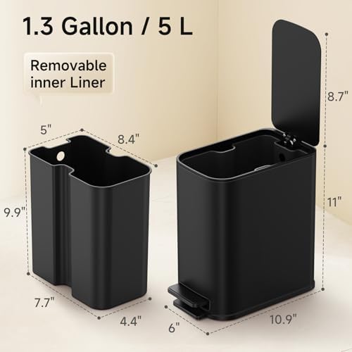 TIPGO Small Bathroom Trash Can with Lid Soft Close,1.3 Gallon, Matte Black