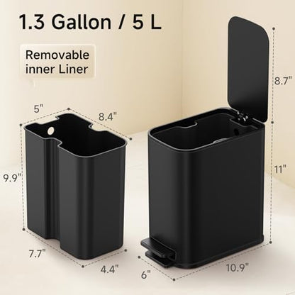 TIPGO Small Bathroom Trash Can with Lid Soft Close,1.3 Gallon, Matte Black