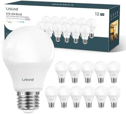 Linkind A19 LED Light Bulbs, 60 Watt Equivalent, 2700K Soft White 12 Packs