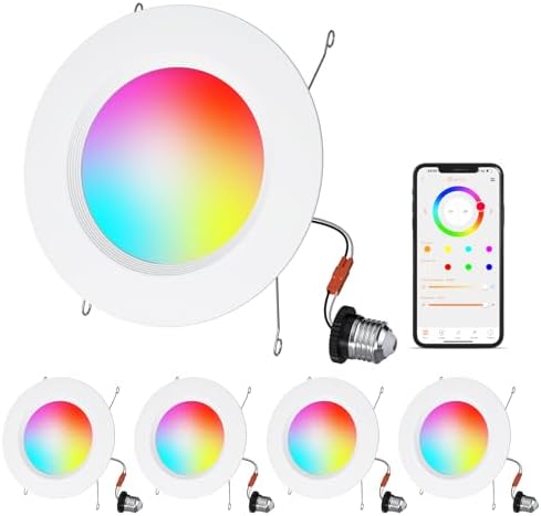 5/6" Smart Recessed LED Can Lights RGB CCT Bluetooth APP Alexa 13W 1050LM E26 Base 4Pack