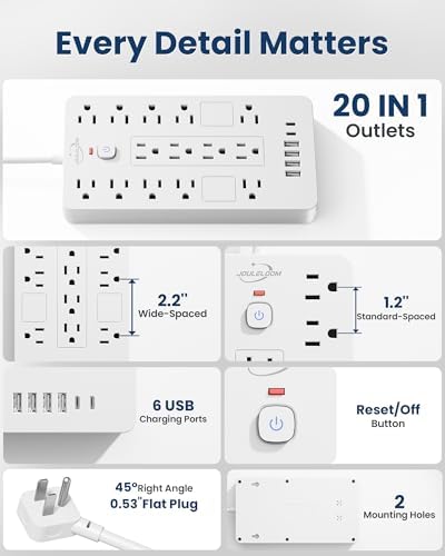 JouleLoom 2 Pack Surge Protector Power Strip-14 Outlets and 6 USB Ports, 6 Feet Flat Plug Extension Cord, 1850 Joules, White, ETL Listed for Home, Office, Dorm Room