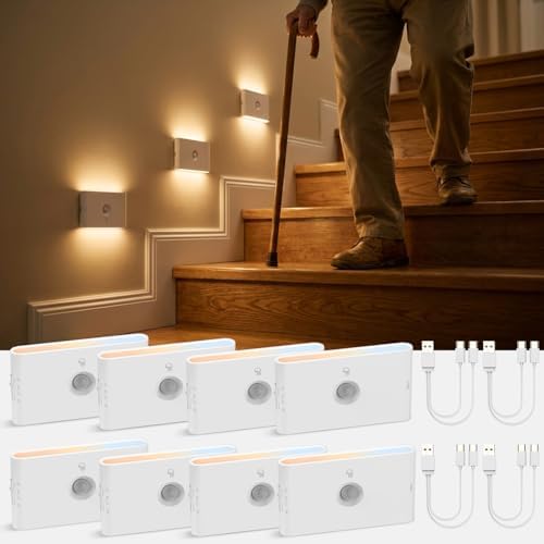 wowatt 8PCs Rechargeable Stair Lights Motion Sensor Indoor,3 Color Changing