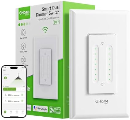 GHome Smart Dual Dimmer Light Switch, 2 in 1 Single Pole Smart Dimmer Switch Works with Alexa & Google Home, WiFi 2.4Ghz, Stepless Dimming, Voice Control, Remote Control, Schedule & Timer, FCC Listed