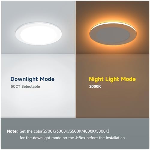 ECOELER 6 Inch 5CCT LED Recessed Ceiling Light with Night Light, 12W 1050Lm Slim Canless Wafer Downlight, Dimmable & 5 Color Selectable Recessed Lighting, ETL&FCC Listed
