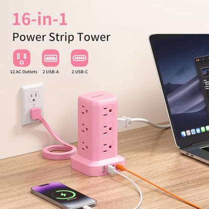 Extension Cord with Multiple Outlets, SMALLRT Power Strip Tower, Outlet Extender with 12 AC Outlets 4 USB, 6.5FT Extension Cord for Home Dorm Room, Office Supplies, Pink