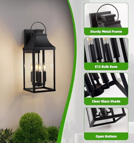 22'' Large Outdoor Wall Lantern, Black Exterior Lighting Fixture 1 Pack