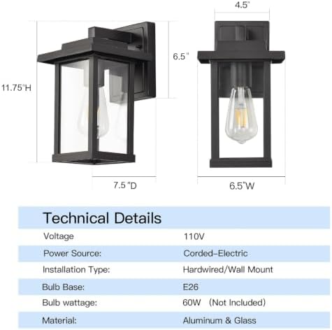 Outdoor Wall Light Modern Exterior Black Wall Mount Lanterns 2-Pack