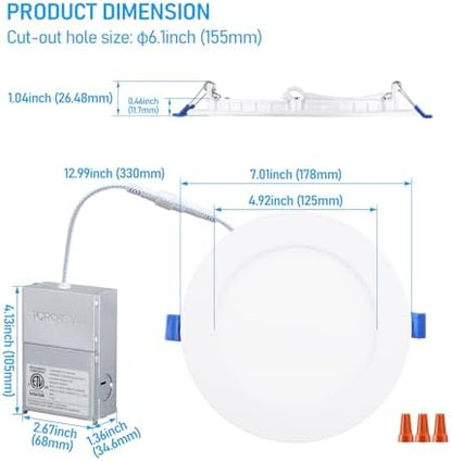 TORCHSTAR 12-Pack 6 Inch Ultra-Thin LED Recessed Light, CRI90 12W, 3000K
