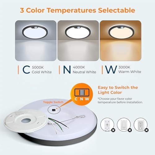 BLNAN 2Pack Motion Sensor Ceiling Light Wired, 12 Inch 3000K 4000K 5000K Selectable LED Flush Mount Light Fixture, Motion Activated Light with Timer for Hallway Stair Walk-in Closet, Black Frame