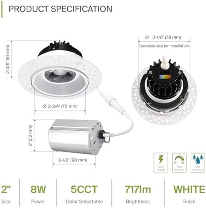 ASD 2 Inch Trimless Gimbal LED Recessed Ceiling Light, Adjustable Directional Downlight with Junction Box, 5CCT 2700K-5000K, 8W 717 Lumens, CRI90+, Anti-Glare, Dimmable, IC & Wet Rated, ETL, 18 Pack