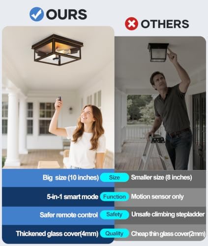 Motion Sensor Outdoor Ceiling Light with Remote, 10 Inch Brown and Gold Flush Mount Porch Light Fixture with United Glass Cover, 5 Modes Outside Flush Mount Light for Porch, Garage, Entryway