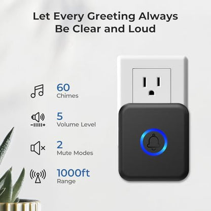 Wireless Doorbell 1000ft Range, Loud Waterproof Door Bell with 60 Melodies
