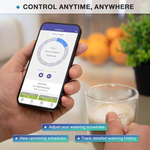 6 Zone Smart Sprinkler Controller with Local Weather Intelligence and Atmosphere Lights, Automated Watering and App Control WiFi Irrigation System, Save Water Through Rain Skip