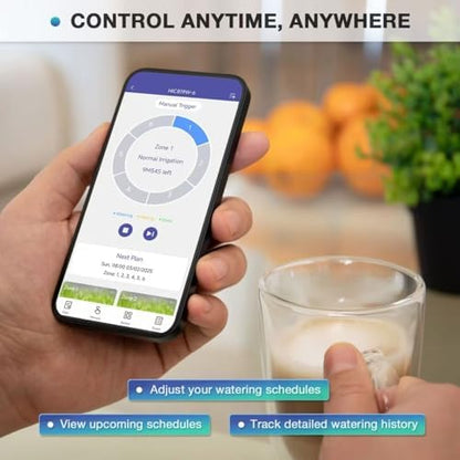 6 Zone Smart Sprinkler Controller with Local Weather Intelligence and Atmosphere Lights, Automated Watering and App Control WiFi Irrigation System, Save Water Through Rain Skip
