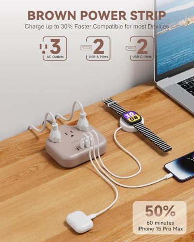 Brown Extension Cord with USB C - 5 FT Flat Braided Extension Cord with 3 Outlets & 4 USB Ports (2 USB-C), 1625W Tan Cord for Brown Tan Wood Walnut Grain Desk Accessories