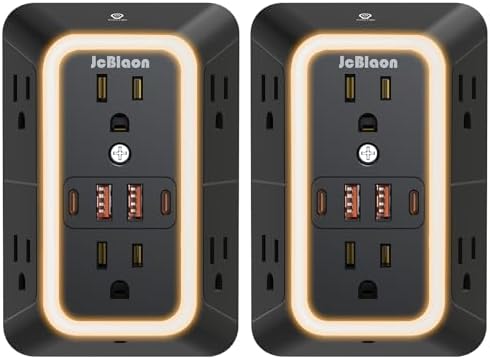 2 Pack Outlet Extender Power Strip, Multi Plug Outlet Surge Protector, 6 AC Surge Protector Outlets with 4 USB Ports (2 USB C) and Night Light, 1050J 3-Sided Wall Outlet for Home Travel Office -ETL