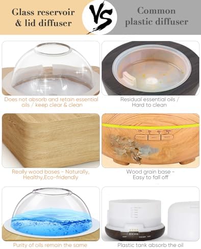 Glass Dome Essential Oil Diffuser with Glass Reservoir & Wood Base-No Plastic, 200ml Ultrasonic Diffuser for Aromatherapy with Timer 7 Color Light Auto-Off for Home Office Yoga Pilates