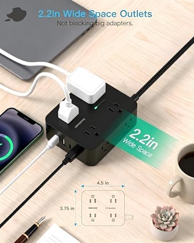 Long Surge Protector Power Strip 15 Ft, Extension Cord Flat Wall Plug 1080J
