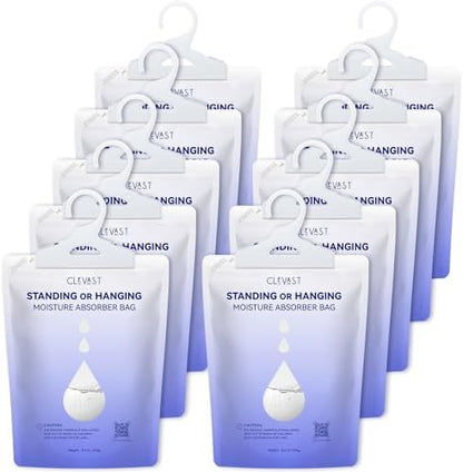 CLEVAST Moisture Absorbers Packets 10 Pack, Dehumidifier Bags for Closet, Unscented Hanging Humidity Absorber in Wardrobes, Bedrooms, Bathrooms (2 in1)
