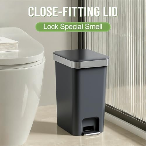 Bathroom Trash Can with Lid, 2.6 Gallon /10 Liter Small Garbage Can, Press Top Bin & Step Metal Pedal Trash Bin Plastic Wastebasket for Bedroom, Office, Kitchen, Dorm (Black Gray)