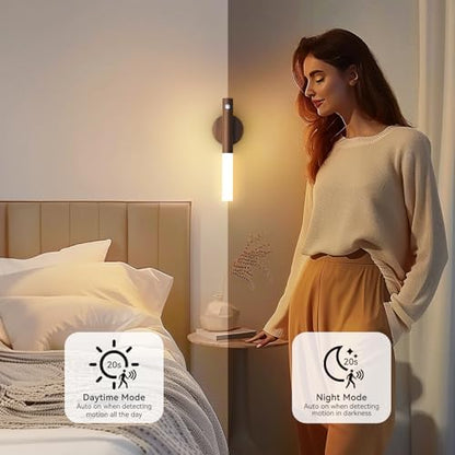 Wooden Motion Sensor Lights Indoor - Magnet Body Hallway Rechargeable LED Wireless Battery Operated Wall Sconce, Portable Decor Torch Night Lighting for Bedroom (Walnut Wood 2PCS)