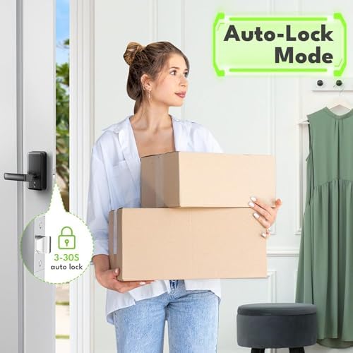 Keyless Entry Door Lock with Handle, Door Locks for Bedroom, Auto Lock, Fingerprint Door Knob with Key, Passcode, Digital Smart Code & Front Handle Sets-Black