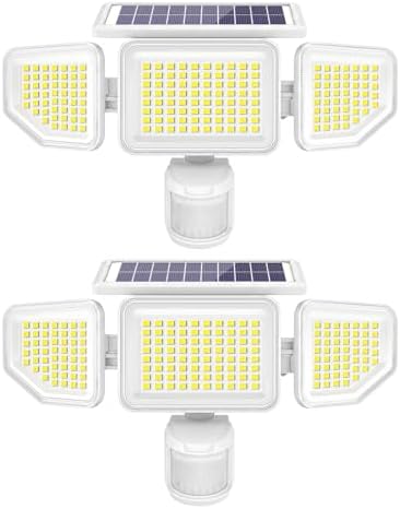 Onforu 4500LM Solar Lights Outdoor, 3 Heads Security Lights with Remote Control, IP65 Waterproof Motion Sensor Lights, 3 Modes Flood Lights for Wall, Porch, Yard, Outside, 2 Pack, White