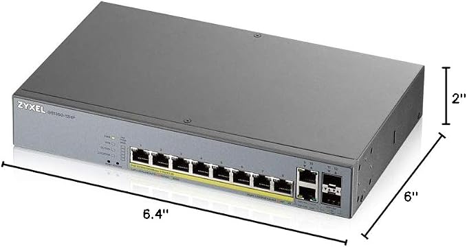 Zyxel 8 Port Network Ethernet Switch | Smart Managed PoE+ | GS1350-12HP | 8x PoE+ with 130W Budget + 2x Gigabit + 2x SFP Ports, NebulaFlex Pro, Surveillance Mode, Long Range, TAA Compliant