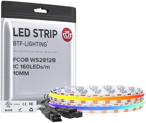 BTF-LIGHTING FCOB COB WS2812B IC RGB LED Strip DC5V 3.2FT 160LED 10mm IP30