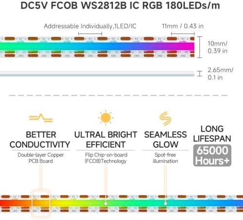 BTF-LIGHTING FCOB COB WS2812B IC RGB LED Strip DC5V 3.2FT 180LED 10mm IP30