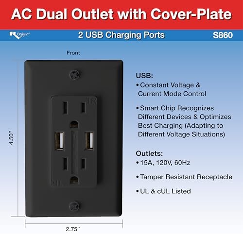 RV Designer S860, AC Dual Outlet with Cover & 2 USB Charge Ports, Black