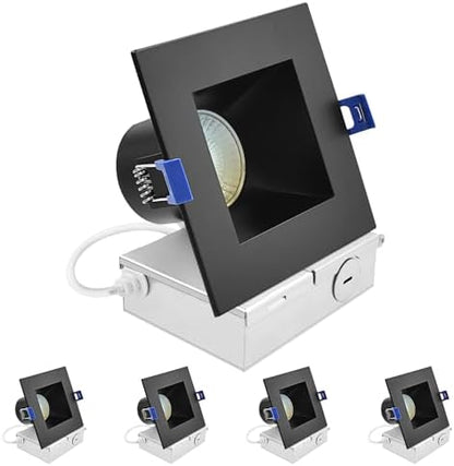 LUXRITE 4 Inch Square LED Recessed Ceiling Light with J-Box, CRI90, 12W, 5CCT Selectable 2700K-5000K, 840 Lumens, Dimmable Canless Downlight, Wet Rated, IC Rated, ETL, Black Trim (4 Pack)