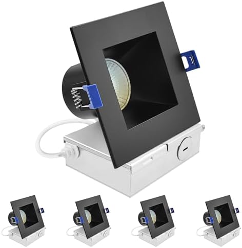LUXRITE 4 Inch Square LED Recessed Ceiling Light with J-Box, CRI90, 12W, 5CCT Selectable 2700K-5000K, 840 Lumens, Dimmable Canless Downlight, Wet Rated, IC Rated, ETL, Black Trim (4 Pack)