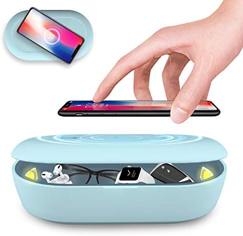 UV Light Sanitizer Box with Wireless Charging, 8 UV-C LED Lights for Phones, Toothbrushes, Nail Tools, Jewelry, and More (Blue)