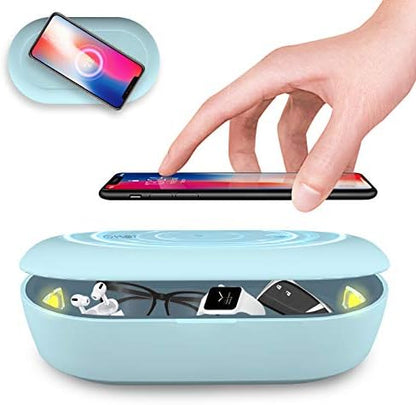UV Light Sanitizer Box with Wireless Charging, 8 UV-C LED Lights for Phones, Toothbrushes, Nail Tools, Jewelry, and More (Blue)