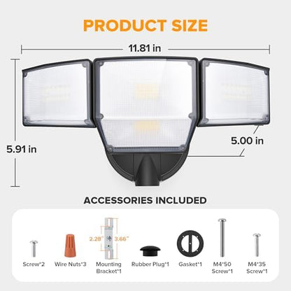 LUTEC 80W 9000LM Flood Lights Outdoor, Hardwired Switch Controlled LED Security Lights with 4 Heads, IP65 Waterproof, 5000K Daylight for Garage, Yard, Patio (Black)