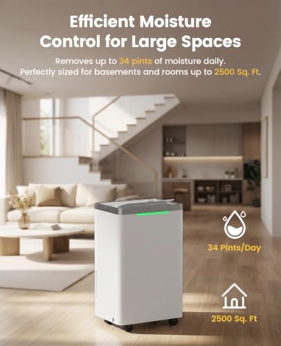 34 Pints Dehumidifier for Basement, with Drain Hose, 38dB Quiet, 2500 Sq.Ft