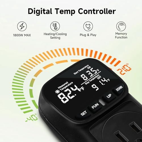 1800W Digital Thermostat for Reptile Tank, -40℉~210℉, Plug in Thermostat for Heater/Greenhouse with 5m/2m Cable, 15A Temperature Controlled Outlet with VA Display, Temp ±0.1°F, Black
