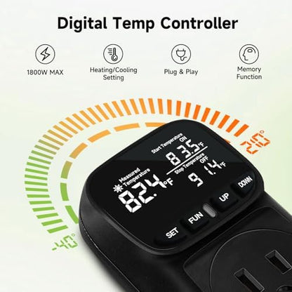 1800W Digital Thermostat for Reptile Tank, -40℉~210℉, Plug in Thermostat for Heater/Greenhouse with 5m/2m Cable, 15A Temperature Controlled Outlet with VA Display, Temp ±0.1°F, Black