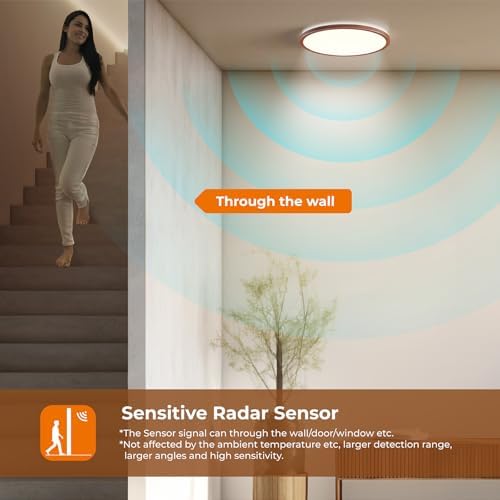 Matane Motion Sensor LED Ceiling Light with Remote, 12 Inch Wired Flush Mount Light 3000K 4000K 5000K, 2400LM Dimmable Motion Sensor Light Indoor for Closet Hallway Laundry Stairs Walnut
