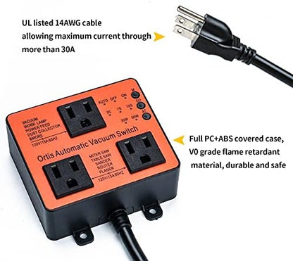 Automatic Vacuum Switch, Ortis Dust Control Autoswitch for More Power Tools, Delay Vacuum On/Off to Prevent Circuit Overload and Tripping, Adjustable Actuation Threshold