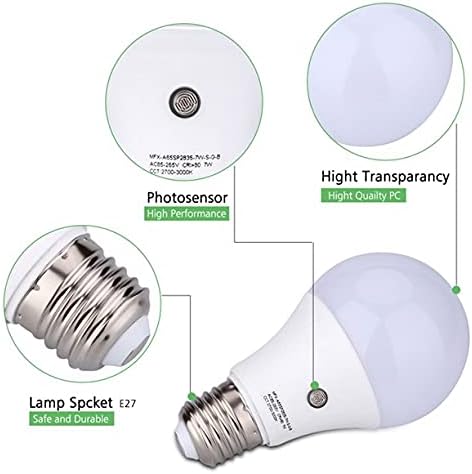 cjc 2 Packs LED Sensor Bulbs, 7W E27 Dusk to Dawn Smart LED Light Bulb Energy Save Automatic Sensor Ball Lamps (4000K-Natural White)